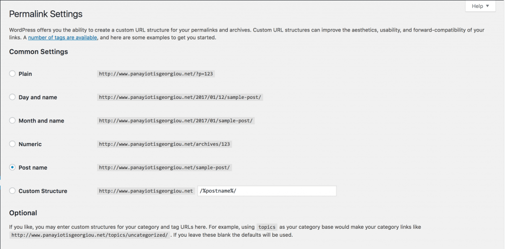 Permalink settings page in WordPress